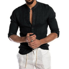 V-neck Linen Standing Collar Long Sleeved Shirt