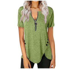 Plus Size Women's Casual Short Sleeve Top V Neck Zip Button T-Shirts
