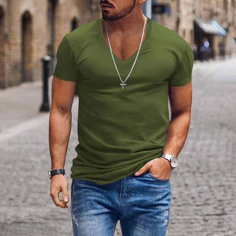 V-neck Solid Color Casual Short Sleeved T-shirt