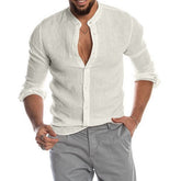V-neck Linen Standing Collar Long Sleeved Shirt
