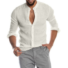 V-neck Linen Standing Collar Long Sleeved Shirt