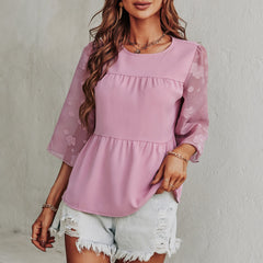 Printed chiffon solid color round neck T-shirts Tops