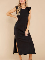 Pure Casual Round neck Sleeveless Falbala Vent Maxi Dresses