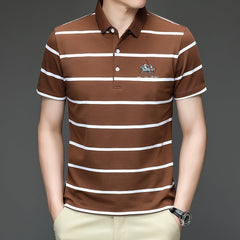 Men's Striped Lapel Cotton Polo Shirt