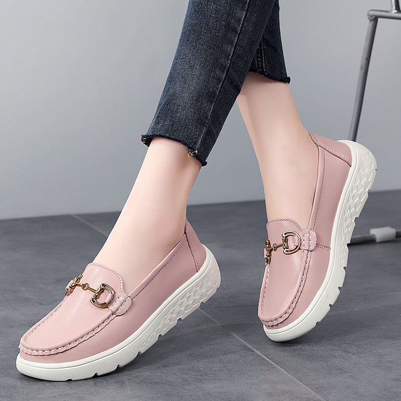 Leisure Leather Loafers with Gold Buckle