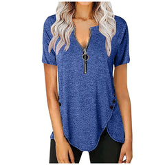 Plus Size Women's Casual Short Sleeve Top V Neck Zip Button T-Shirts