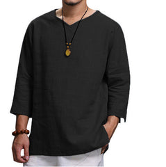 V-neck Cotton Linen Loose Fitting Long Sleeved Shirt
