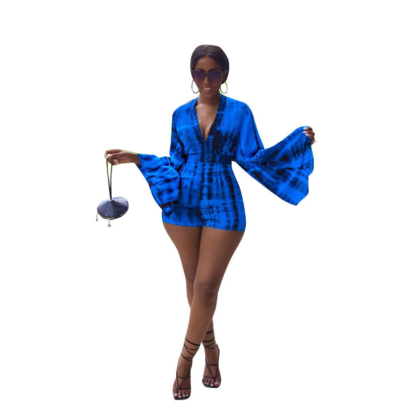 Casual Tie Dye Print V-neck Long Flare Sleeve Rompers