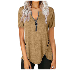 Plus Size Women's Casual Short Sleeve Top V Neck Zip Button T-Shirts