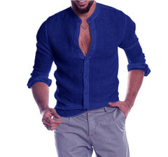 V-neck Linen Standing Collar Long Sleeved Shirt