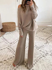 Pure color round neck long sleeve casual two-piece suits