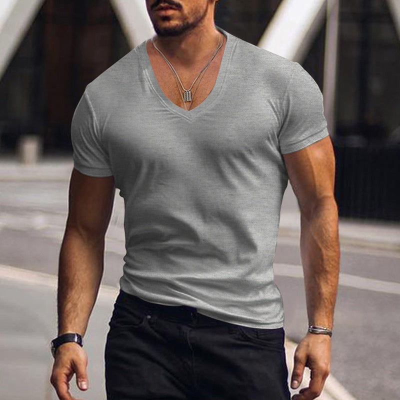 V-neck Solid Color Casual Short Sleeved T-shirt