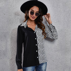 Plaid stitching puff sleeve long sleeve blouses tops