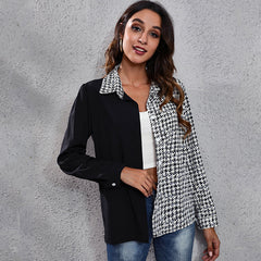 Plaid stitching puff sleeve long sleeve blouses tops