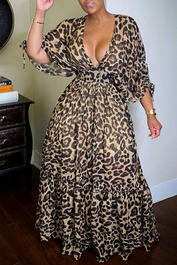 Leopard Doll Sleeve Ruffle Panel Dress