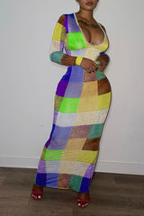 Colorful Plaid U-collar Bodycon Dress