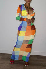 Colorful Plaid U-collar Bodycon Dress