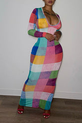 Colorful Plaid U-collar Bodycon Dress
