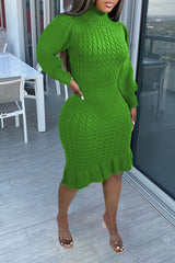 High Neck Cable Handmade Knit Ruffle Dress