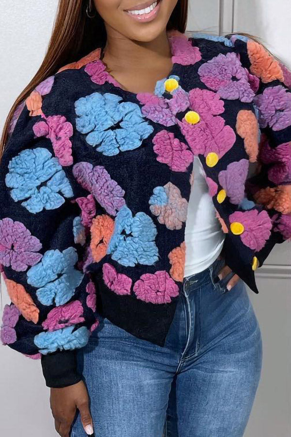 3D Chic Flocked Floral Cropped Jacket
