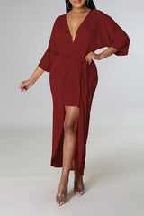 Casual V-Neck Lace-Up Long Dress