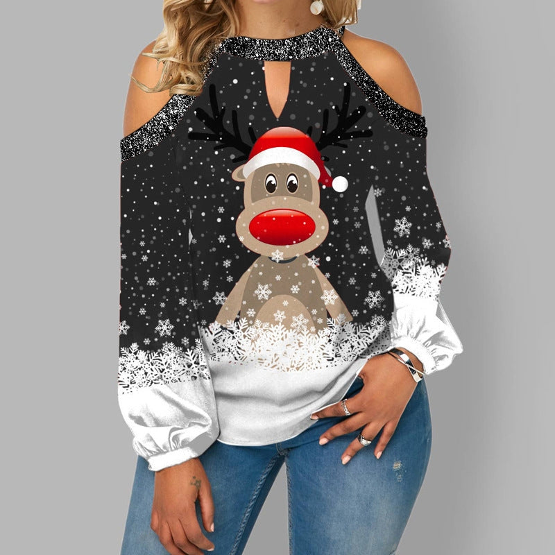 New Fashion Christmas Elk Print Sequin Off Shoulder Top Long Sleeve T-Shirt