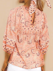 Paisley Half Sleeve Printed Polyester V neck Boho Summer Orange Top
