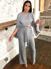 Two-piece Suit Of Solid Color Casual Knit Sweater Wide Leg Pants