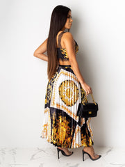 Sexy Lace-trimmed Camisole Print Tank Top And Pleated Skirt Suit