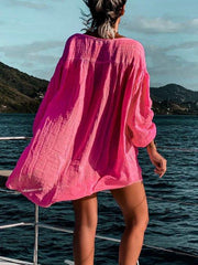 Pink Long Sleeve Shift Cotton-Blend Shirts & Tops