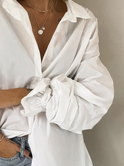Plus size Plain Long Sleeve Shirts & Tops