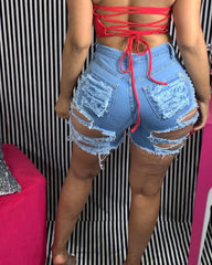Sexy Perforated Denim Shorts
