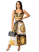 Sexy Lace-trimmed Camisole Print Tank Top And Pleated Skirt Suit