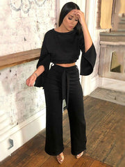 Two-piece Suit Of Solid Color Casual Knit Sweater Wide Leg Pants