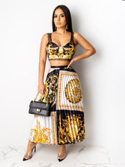 Sexy Lace-trimmed Camisole Print Tank Top And Pleated Skirt Suit