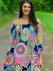 Pretty Sexy Floral-Print Long Sleeve Off-Shoulder Round Neck Mini Dress