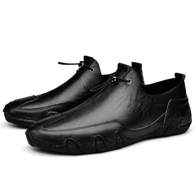 Men Genuine Leather Non Slip Elastic Lace Casual Driving Shoes