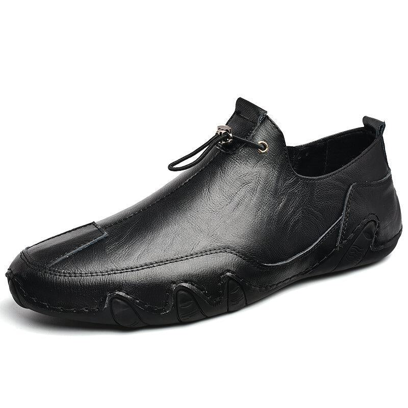 Men Genuine Leather Non Slip Elastic Lace Casual Driving Shoes