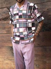 Two Piece Short Sleeve Print Walking Suit Set With Long Pants-052766