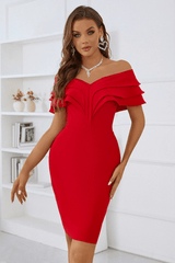 Emer Off Shoulder Ruffle Midi Bandage Dress