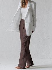 Solid High-Waist Pleated Trousers Casual Pants