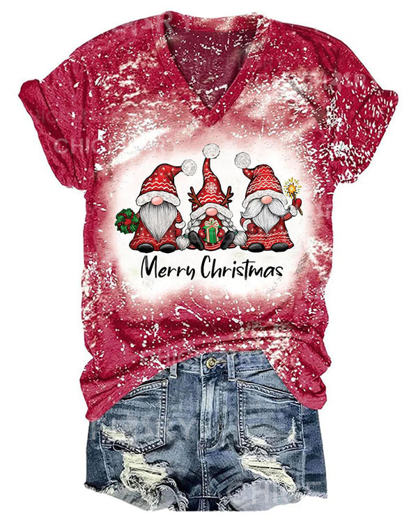 Women Merry Christmas Gnomes Print T-Shirt