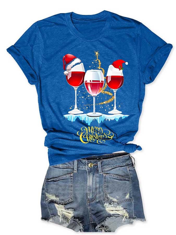 Wine Simple Christmas Print Casual T-Shirt