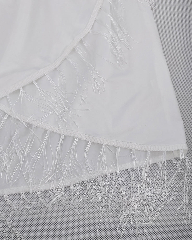 Shirred Panel Fringe Hem Strapless Dress