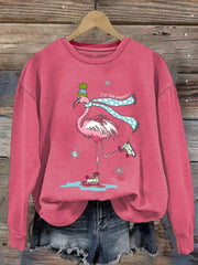 Christmas Flamingo Print Crew Neck Sweatshirt