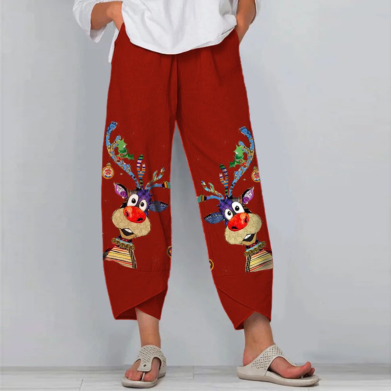 Lovely Cartoon Reindeer Print Merry Christmas Pants