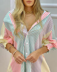 Color Striped Button Front Blouse Dress