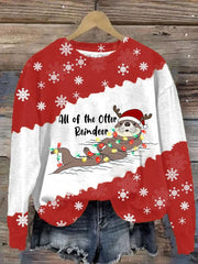 Christmas Otter All Of The Beaver Reindeer Print Casual Drop Shoulder Long Sleeve T-Shirt