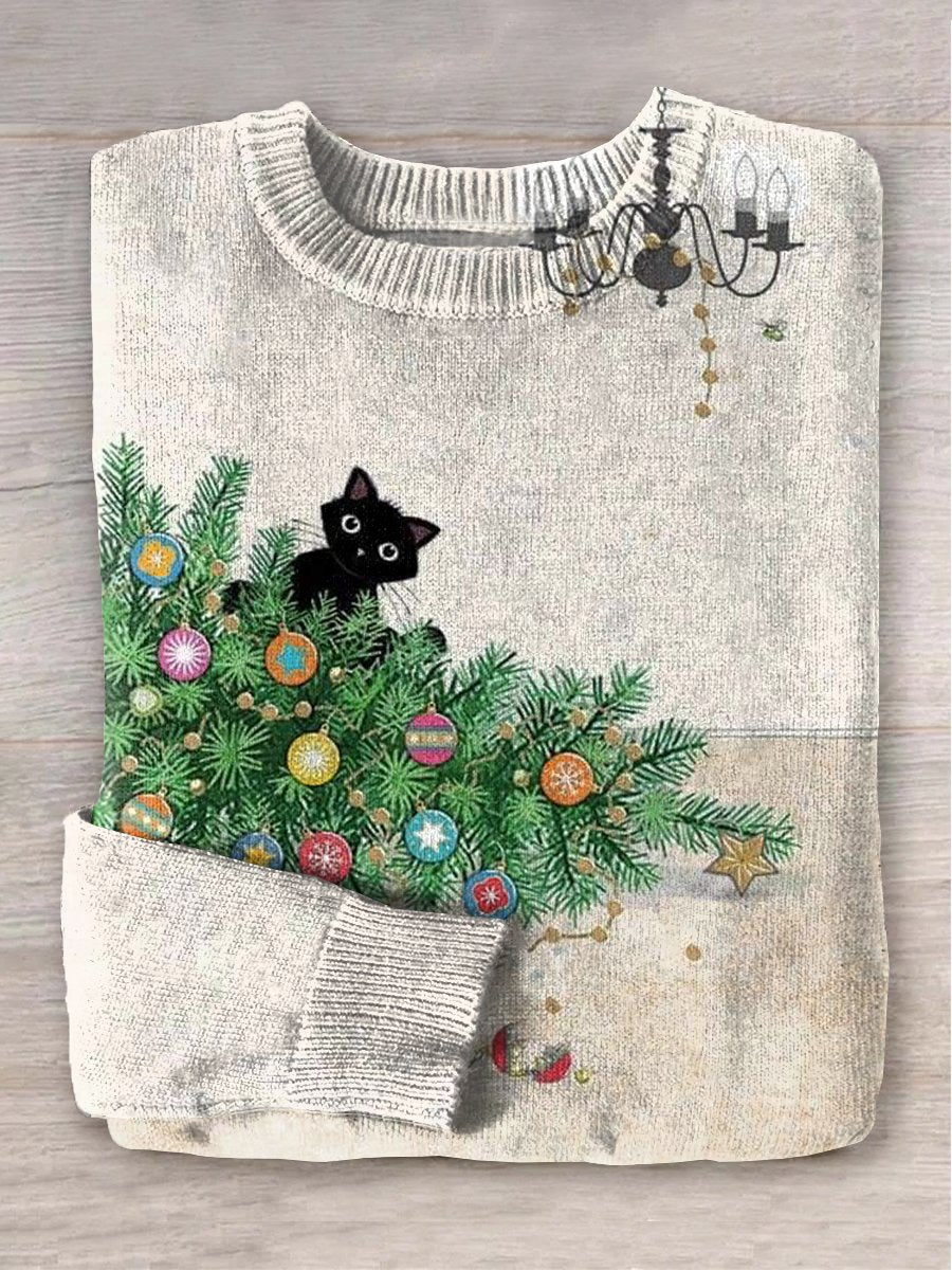Christmas Cat Art Print Knit Pullover Sweater