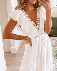 Layered Ruffles Lace Patch Plunge Maxi Dress